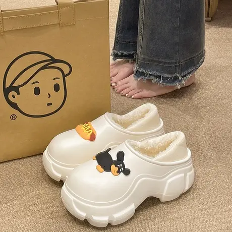 增高棉拖鞋女冬季室内外穿卡通小狗加绒毛毛保暖厚底防水包跟棉鞋商品大图