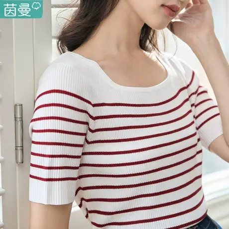 茵曼旗舰店官方冰丝条纹短袖针织衫女2023夏季新款方领薄款上衣商品大图