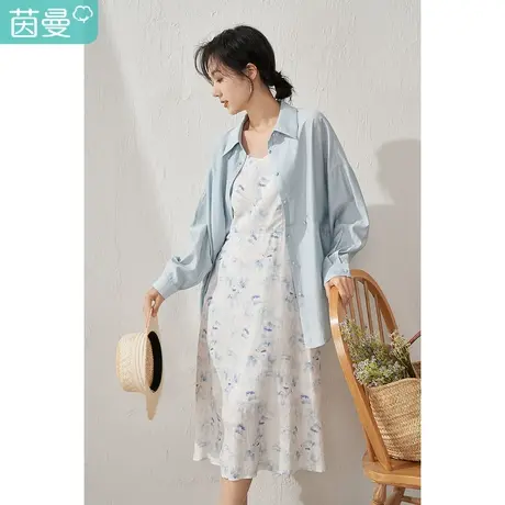 【商场同款】茵曼衬衫印花连衣裙女士2022夏季新款通勤气质两件套商品大图