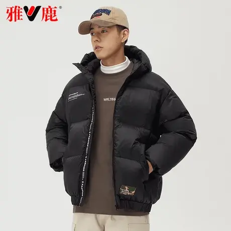 雅鹿黑色羽绒服男士短款2023新款时尚休闲保暖连帽加厚冬季外套潮商品大图