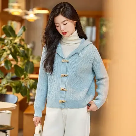 时尚气质温柔毛衣开衫2023秋季新款淑女宽松连帽牛角扣长袖外套商品大图