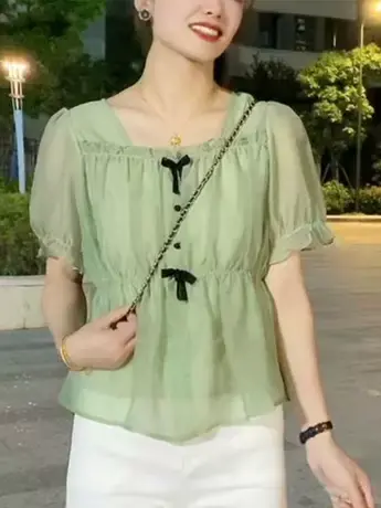 荷叶边雪纺衬衫女2023夏季新款收腰遮肚子显瘦时尚蝴蝶结短袖上衣商品大图