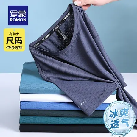 罗蒙男士冰丝短袖T恤夏季薄款网眼速干运动健身衣服圆领大码体恤商品大图
