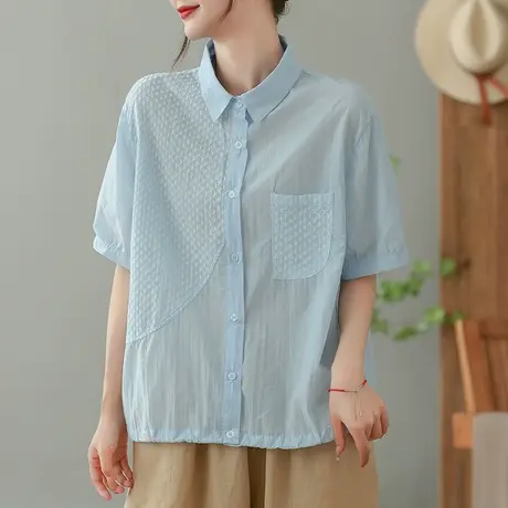 dza 复古拼接白色衬衫女2023夏季薄款翻领棉衬衣休闲宽松开衫上衣图片