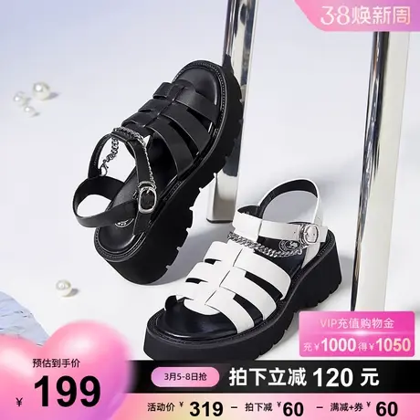 骆驼女鞋夏季新款经典真皮猪笼鞋罗马凉鞋女粗跟厚底凉鞋女图片