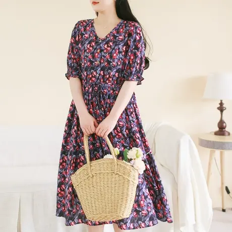 胖妹妹夏季2023新品郁金香印花短袖连衣裙 加大码微胖雪纺V领长裙商品大图