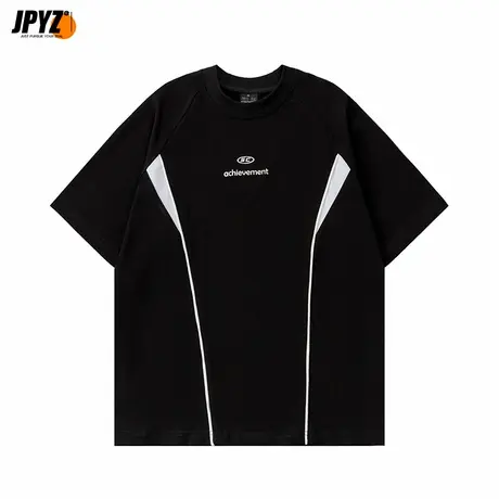 男生短袖t恤夏季圆领纯棉拼色印花宽松五分袖休闲2024新款体恤衫商品大图