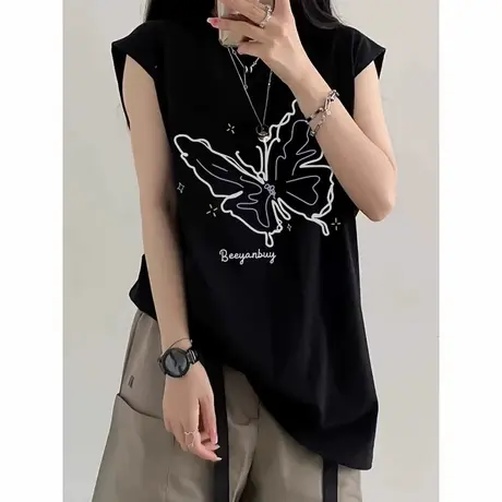美式复古纯棉吊带坎肩背心无袖t恤女2024新款夏季外穿篮球服上衣图片