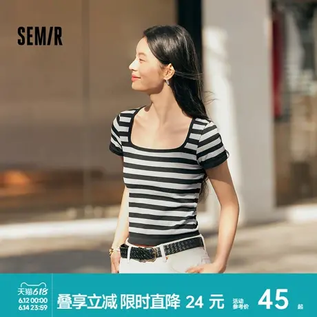 森马打底衫女款时髦复古条纹短袖T恤方圆领内搭春季上衣修身显瘦商品大图