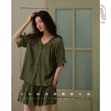 妮狄娅睡衣女夏季纯棉纱布短袖开衫款森系碎花甜美外穿家居服套装商品大图