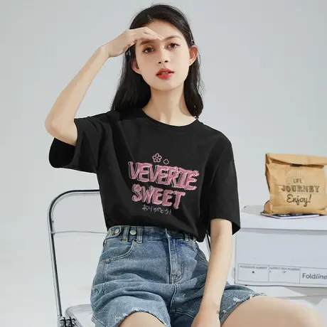 唐狮黑色黑色爆款t恤女2024新款夏季纯棉宽松显瘦半袖体恤上衣VB图片