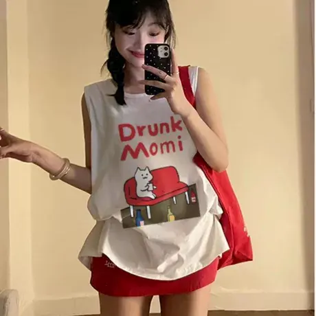 纯棉港风吊带背心无袖t恤女2025新款夏季外穿高级感宽松挂脖上衣图片
