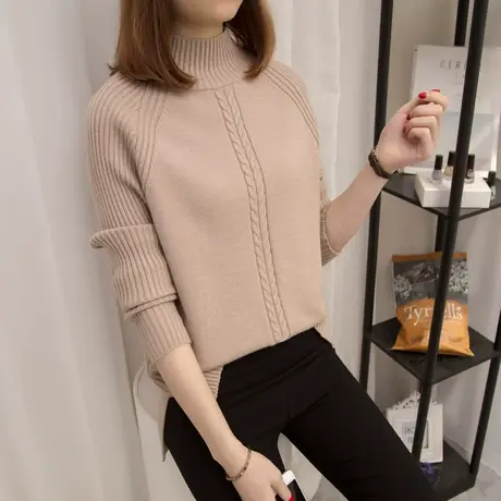 半高领毛衣女秋冬新款套头短款宽松针织衫加厚纯色女士长袖打底衫商品大图