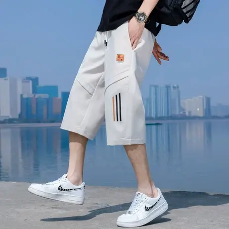 直筒七分裤子男士夏季冰丝凉感短裤男青少年潮牌拼接休闲运动中裤商品大图