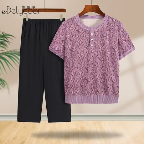 中老年女装奶奶夏季新款针织衫短袖上衣妈妈装老人宽松休闲两件套商品大图