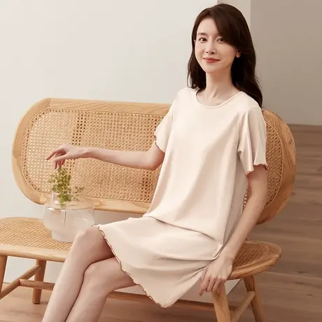 顶瓜瓜睡裙女夏季款顶呱呱纯色百搭女士基础圆领纯棉宽松短袖睡裙商品大图