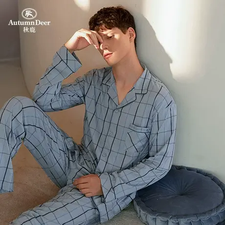 秋鹿【加大码清仓】春夏季长袖格纹纯棉睡衣男春秋格子家居服薄款商品大图