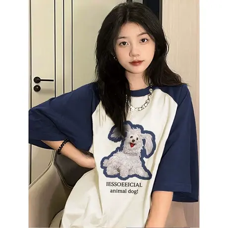 美式学院风T恤女oversize大码纯棉插肩袖上衣潮牌ins夏季撞色短袖图片