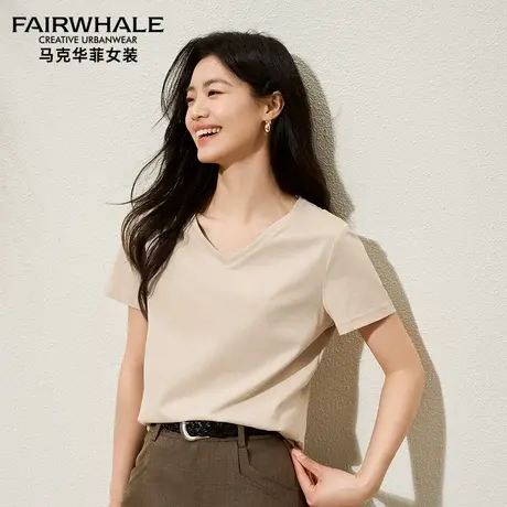 马克华菲V领短袖t恤女2025夏季新款轻薄透气柔软亲肤修身显瘦上衣图片