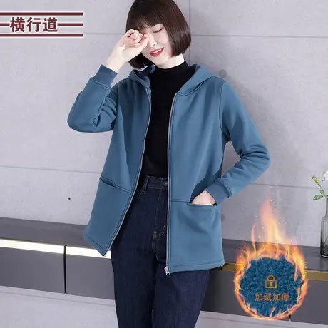 连帽拉链中长款后幅绣花加绒外套2023新款女口袋加厚外穿冬季上衣图片