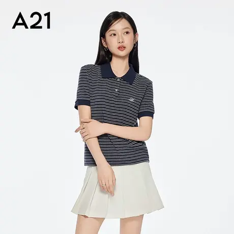 A21女装红白条纹POLO领T恤2025夏季新款简约百搭宽松显瘦短袖上衣图片
