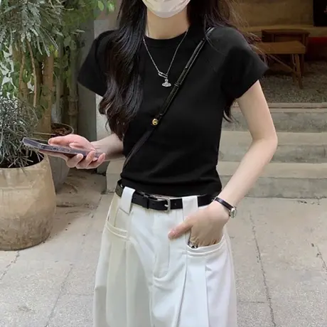 辣妹黑色纯色正肩短袖t恤女2025新款夏季修身显瘦短款打底衫上衣商品大图