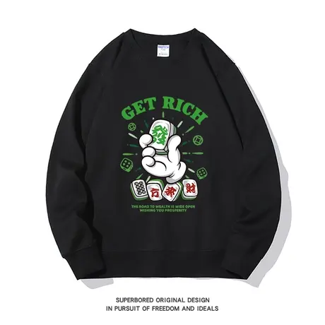 小众设计感国潮复古麻将發財印花卫衣男女秋冬季宽松休闲套头上衣图片