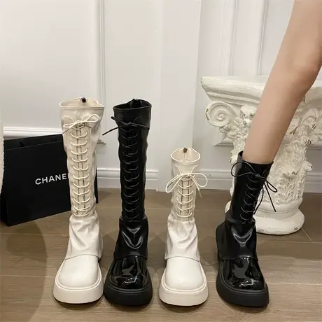 复古靴子女2023新款秋季气质炸街显瘦长筒靴厚底增高小个子裤管靴商品大图