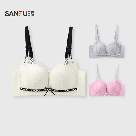 三福 中薄B杯无钢圈聚拢文胸 轻法式撞色蕾丝提花内衣女503558图片