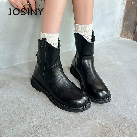 卓诗尼英伦风短靴女2024新款秋冬女靴百搭瘦瘦靴棕色加绒马丁靴子商品大图