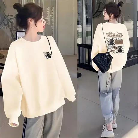 杏色圆领卫衣女2025新款秋季小个子美式慵懒chic长袖宽松套头上衣商品大图