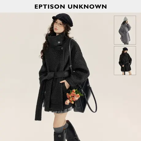 EPTISON毛呢外套女2025年冬季新款宽松加厚气质慵懒风黑色呢大衣图片