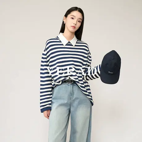 娅丽达宽松休闲长袖圆领条纹羊毛衫女2025秋冬新款通勤简约针织衫商品大图