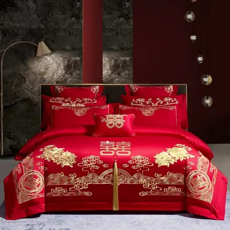 恒源祥60s长绒棉婚庆四件套大红色刺绣婚礼陪嫁双人被套床单枕套商品大图