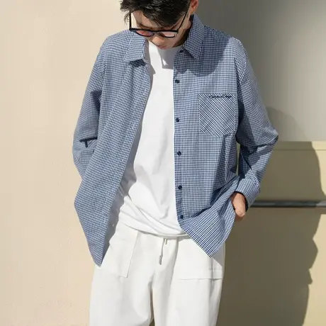 唐狮秋新款男长袖格子衬衫蓝色日系百搭衬衣开衫超好看TM图片