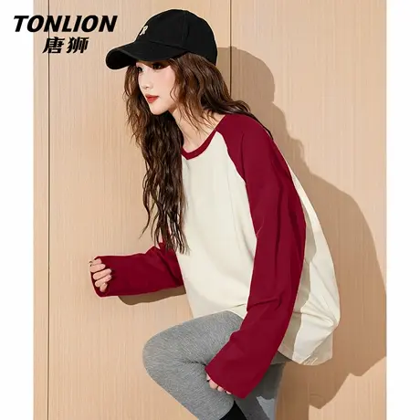唐狮官方红色插肩袖长袖t恤女2026新款拼接撞色宽松显瘦上衣女VB商品大图
