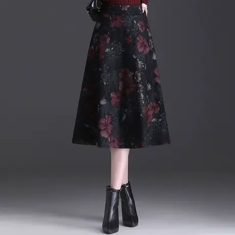印花毛呢半身裙女2023秋冬新款高腰显瘦气质a字裙时尚洋气中长裙图片