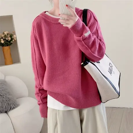 秋冬软糯圆领贴标套头毛衣女2023年新款宽松设计感百搭打底针织衫图片