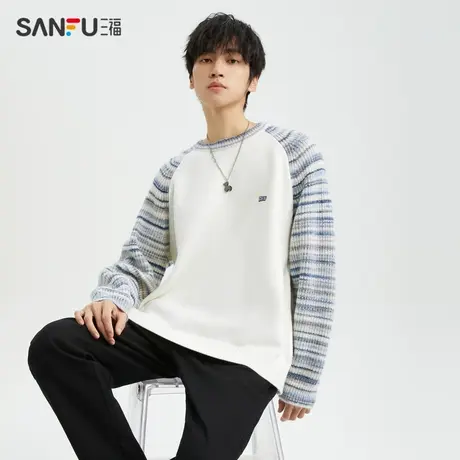 三福2023冬男士纱线拼接包芯纱毛衣 时尚插肩袖宽松上衣477132商品大图