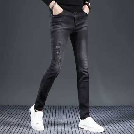 秋冬新款男士牛仔裤烫钻刺绣黑灰色轻奢高端欧货潮牌修身小脚裤男商品大图