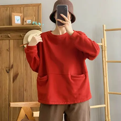 dza 复古纯色全棉加厚加绒卫衣女冬2023新款圆领套头显瘦口袋上衣图片