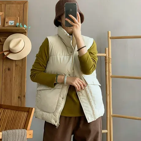 dza 复古短款立领棉衣马甲女士秋冬外搭上衣宽松加厚加棉马夹上衣商品大图