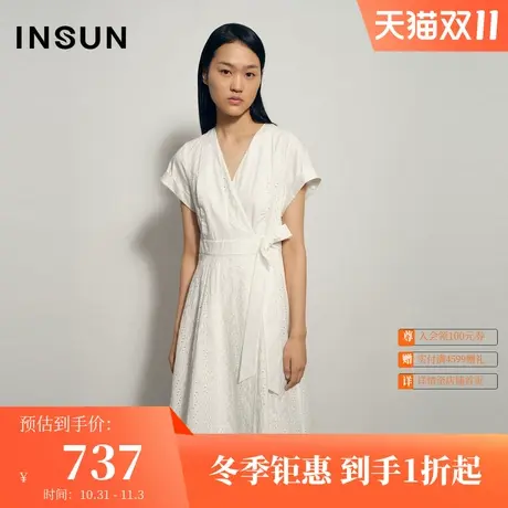 恩裳夏季优雅气质镂空设计棉质大飘带系腰连衣裙度假小众图片