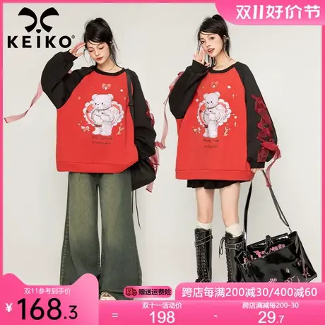 KEIKO [加密绒]拼色插肩袖卫衣女加厚2023秋冬设计感卡通印花外套商品大图