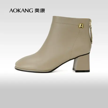 奥康女鞋 秋冬季女士靴子休闲时尚时装靴中筒粗跟加绒保暖商品大图