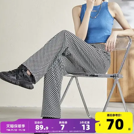 唐狮2022新款千鸟格休闲裤女微喇高腰显瘦喇叭裤直筒宽松复古裤子图片