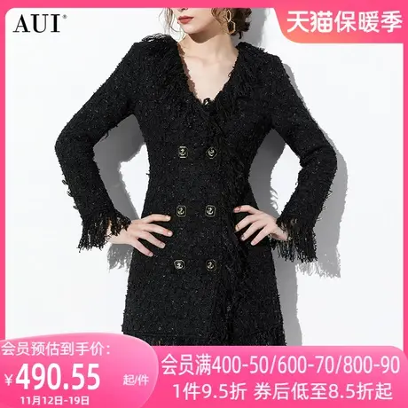 AUI黑色名媛气质v领小香风外套女2023冬新款中长款修身流苏大衣厚图片