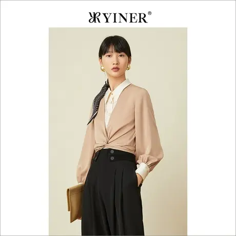 YINER音儿专柜女装2022夏季新款撞色假两件系带衬衫商品大图