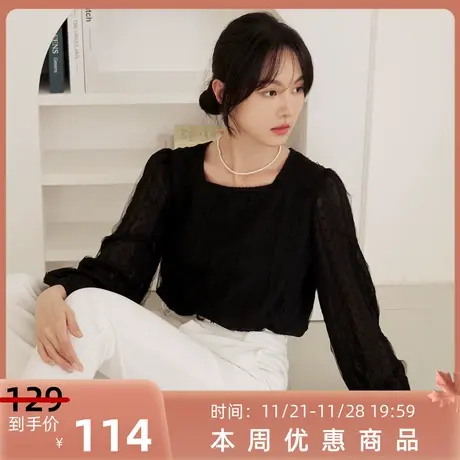 桔熊秋冬复古气质蕾丝衫微透泡泡袖方领上衣女胖妹妹大码AB19126图片