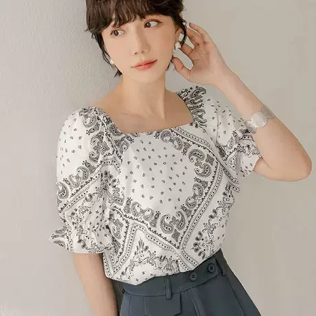 桔熊夏季复古印花舒适微性感方领灯笼袖雪纺衫上衣女大码AB17097图片